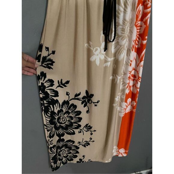 Roz & Ali Floral Black Orange Deep V Neck Tie Waist Sleeveless Dress Size 12 - Picture 5 of 7